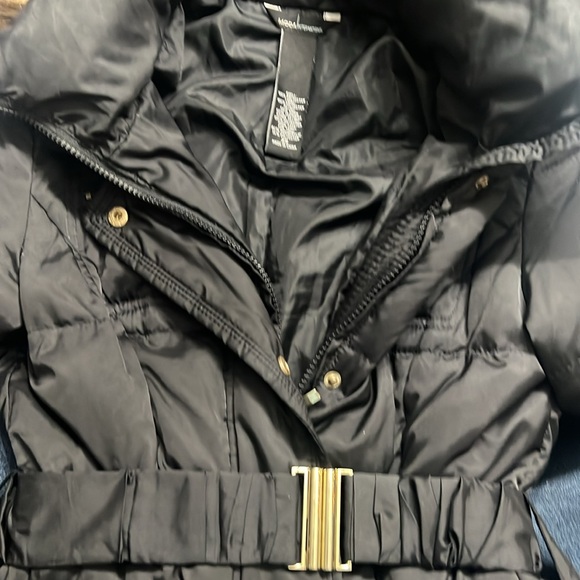 MODA International long black puffer coat sz XS fur hood pockets belt 6 - Picture 3 of 3